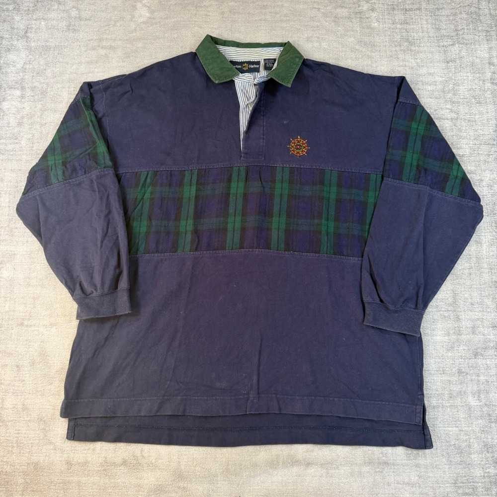 Lawton Harbor Shirt Mens XL Navy Blue Vintage Rugby Plaid Long Sleeve Nautical